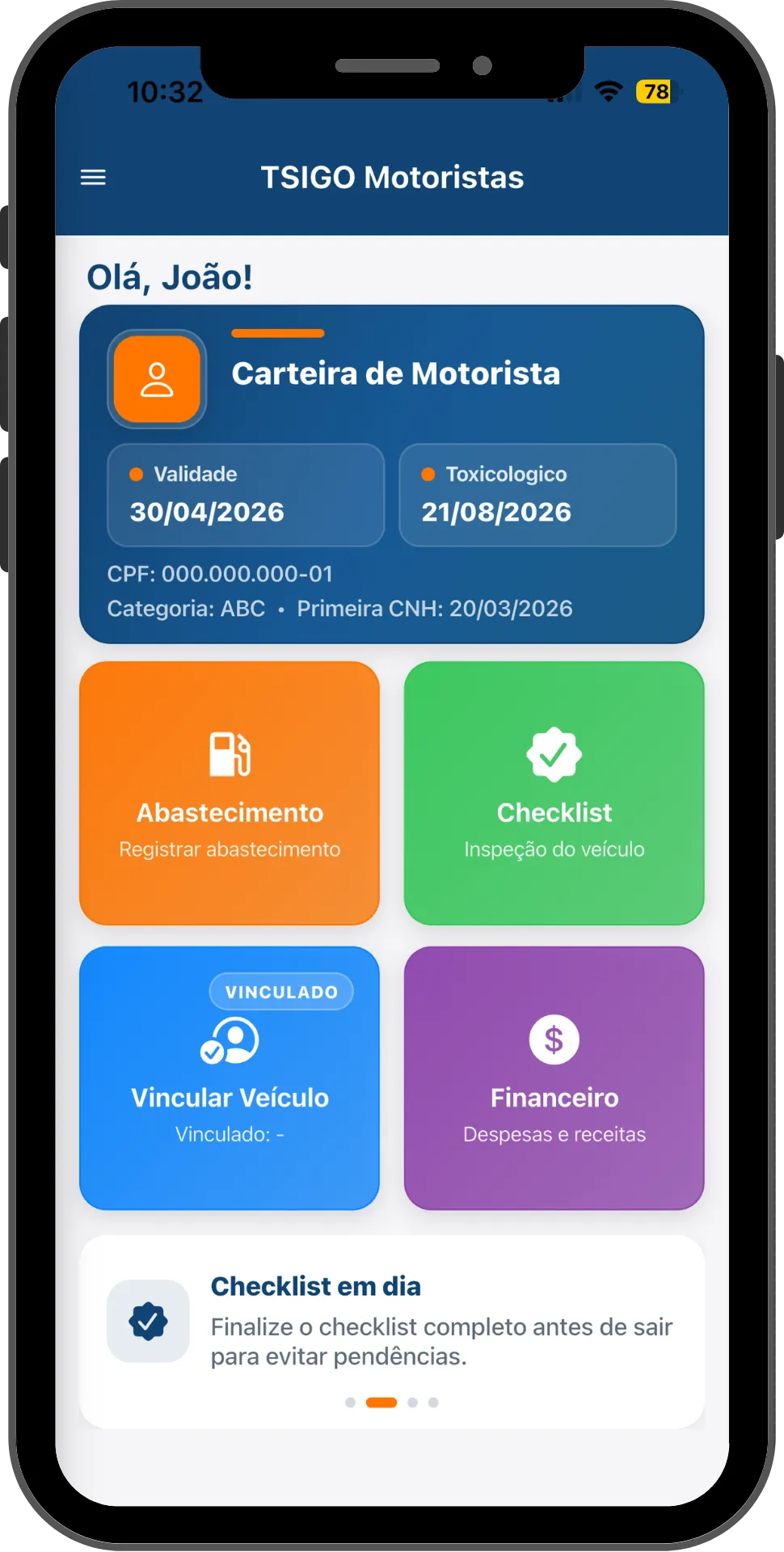 Tela inicial do app TSIGO Motoristas