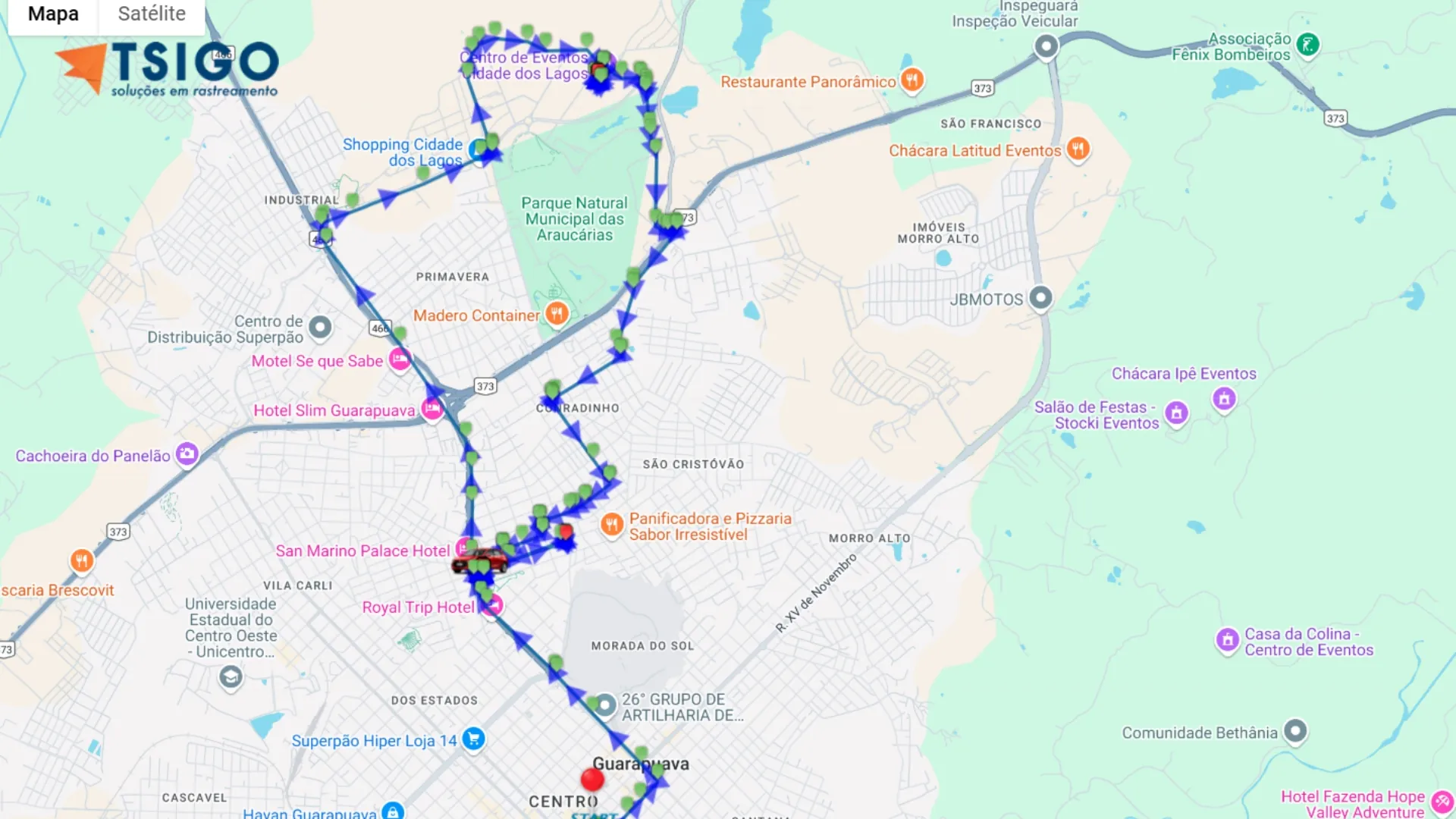 Trajeto percorrido no mapa da plataforma TSIGO